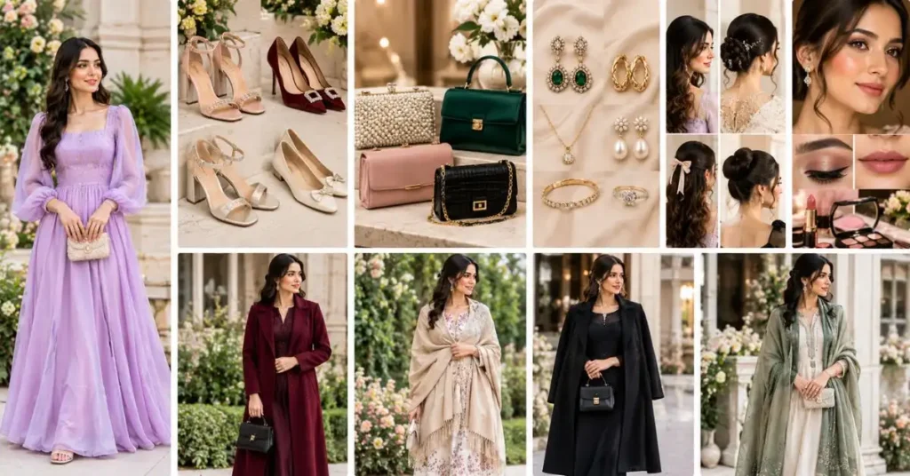 Woman styling an elegant celebration dress with heels, clutch, jewelry, a polished hairstyle, makeup, and a sophisticated outer layer.