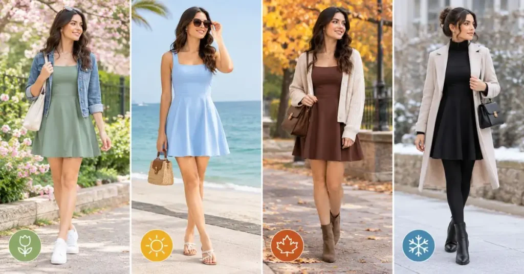 Four-season styling guide showing a Halara dress styled for spring, summer, fall, and mild winter with seasonal layers and accessories.