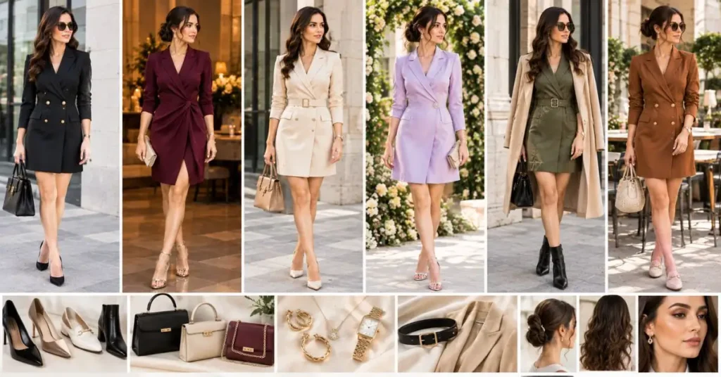 Elegant women styling suit dresses with pointed-toe pumps, heels, handbags, gold jewelry, belts, outerwear, and different hairstyles for polished professional and evening outfits.