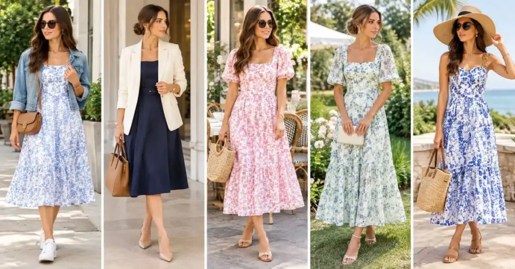 How to style a Tuckernuck dress for casual days, work, brunch, garden parties, and vacations, featuring elegant women in floral and navy dresses with blazers, denim jackets, handbags, sandals, and stylish accessories.