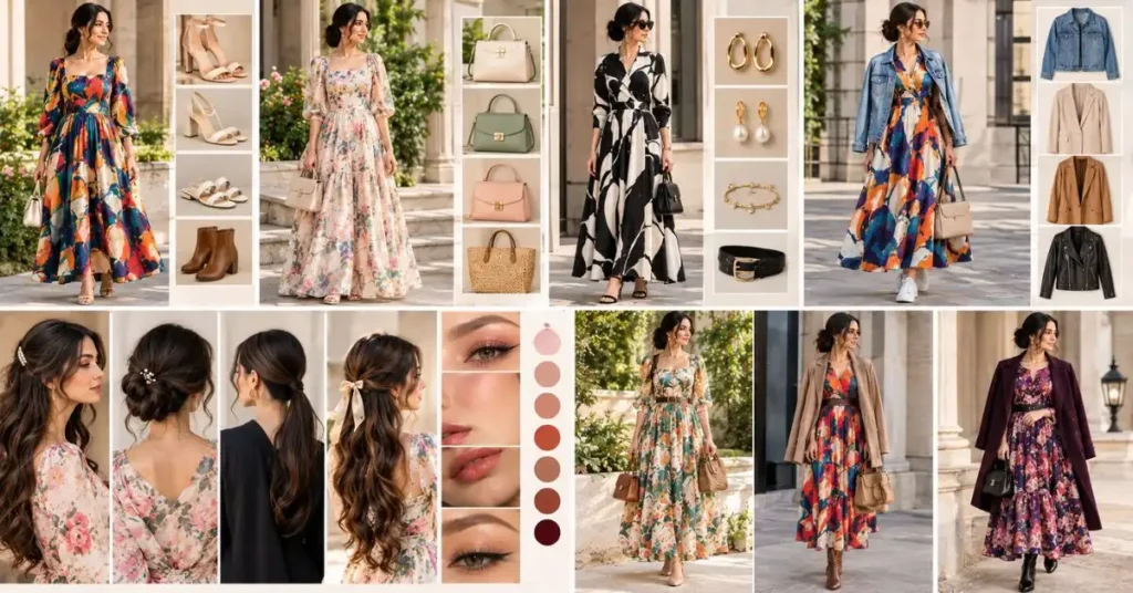 Women styling artistic dresses with neutral heels, handbags, minimal jewelry, belts, layered jackets, and coordinated hair and makeup for a balanced fashionable look.