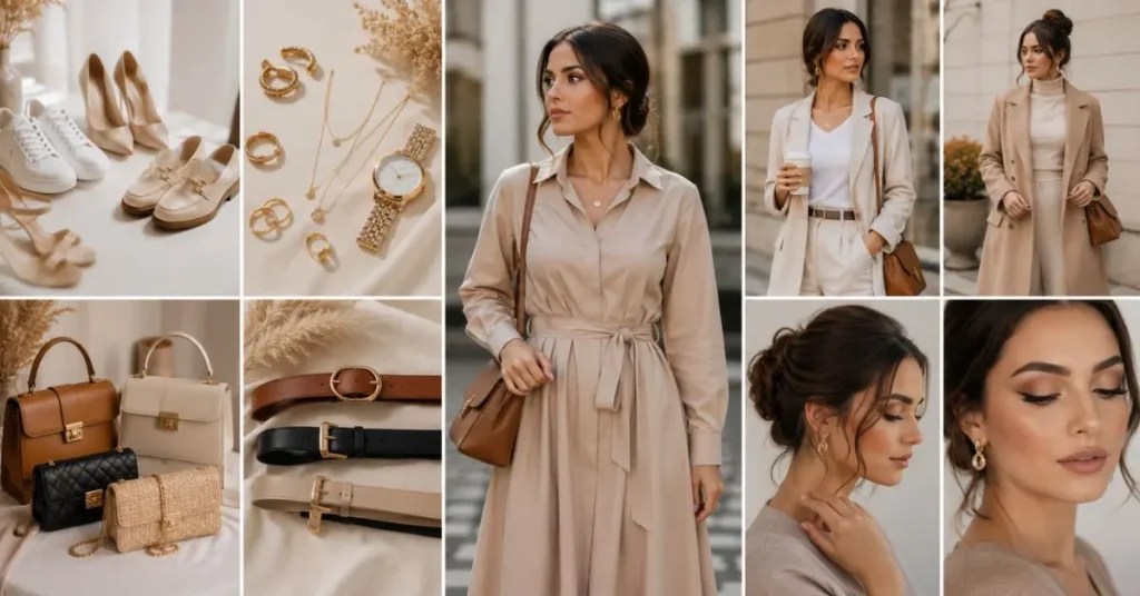 How to style chic dresses for women with shoes, handbags, jewelry, belts, blazers, outerwear, hairstyles, and simple makeup for a polished look.