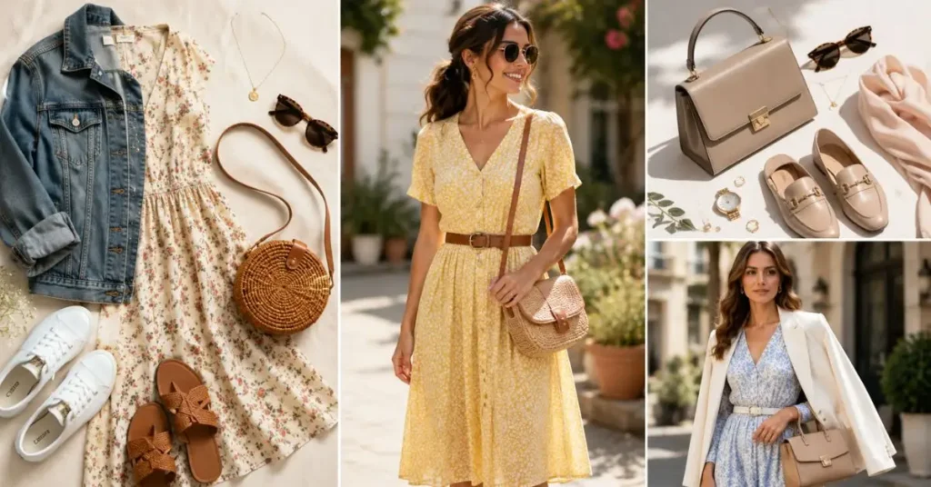 Women styling daytime dresses with denim jackets, woven bags, sunglasses, sandals, loafers, belts, and simple jewelry in a bright summer setting.