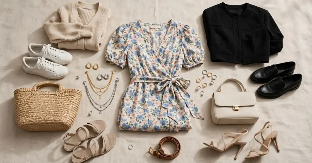 Woman wearing an elegant floral dress with stylish accessories for a polished feminine look.