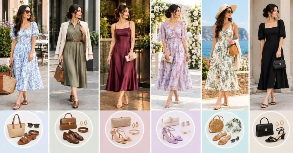 How to style medium length dresses for daytime, office, dinner, wedding guest, and vacation outfits with coordinated accessories