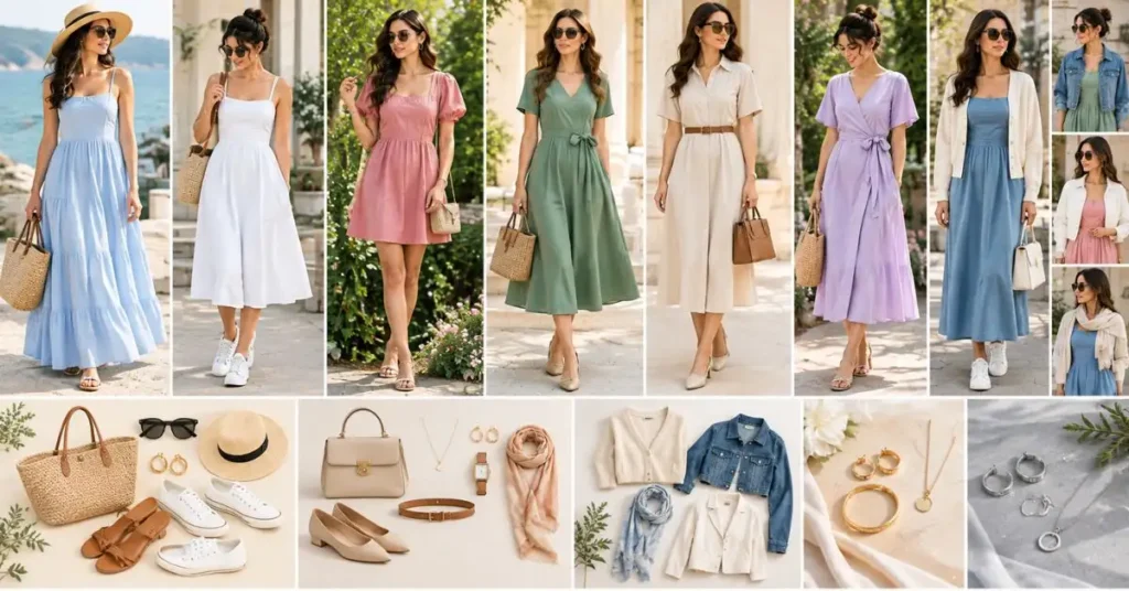 How to style plain summer dresses with sandals, sneakers, woven bags, belts, jewelry, scarves, and lightweight layers for casual or polished looks.