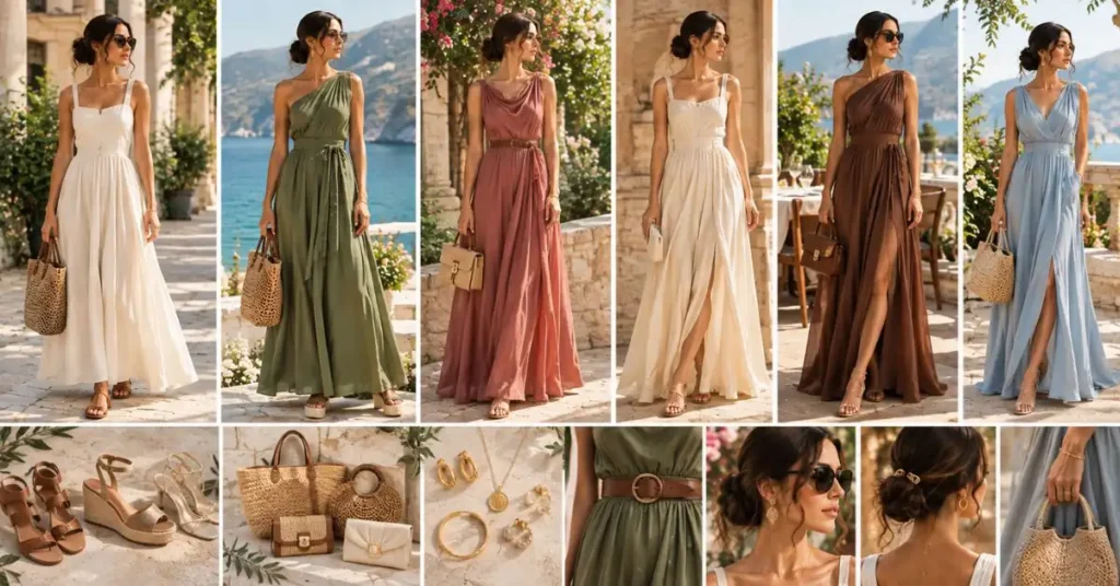 A wide, sunlit collage showcasing Roman-inspired summer dresses styled with flat sandals, espadrilles, woven bags, gold jewelry, slim belts, and oversized sunglasses, featuring flowing silhouettes, soft draping, and effortless hairstyles in a relaxed Mediterranean setting.