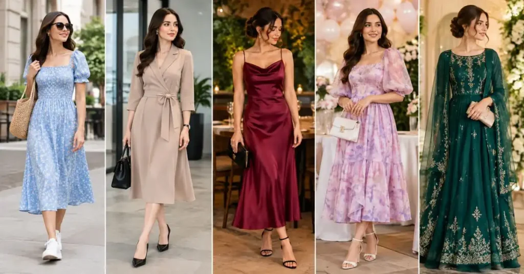 Inexpensive dresses for different occasions, featuring women in casual, office, dinner, party, and formal styles.