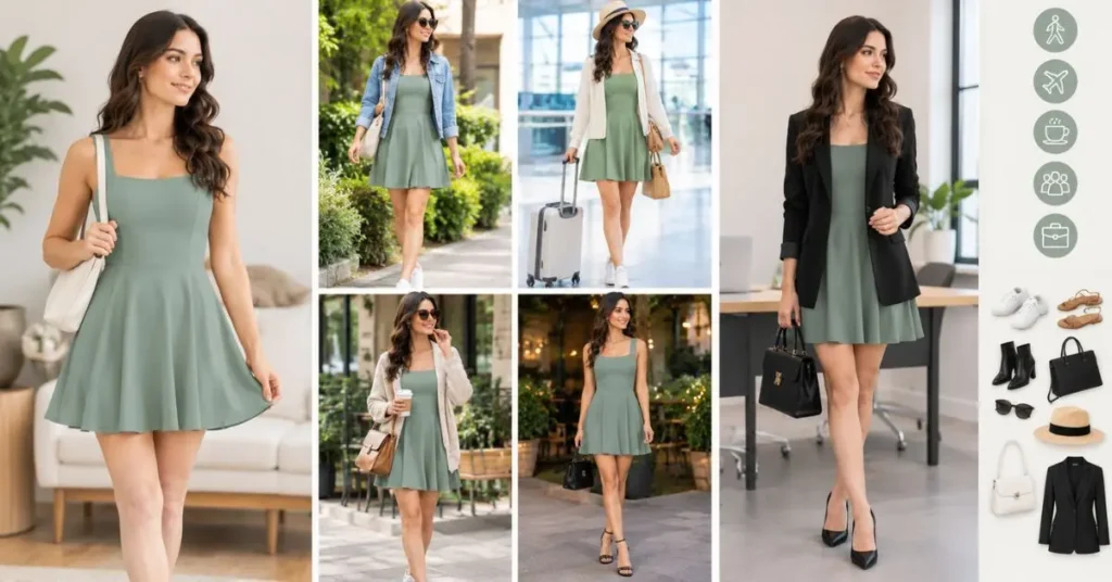 Versatile Halara dress styled for casual outings, travel, coffee dates, evening occasions, and polished office looks with different accessories and layers.