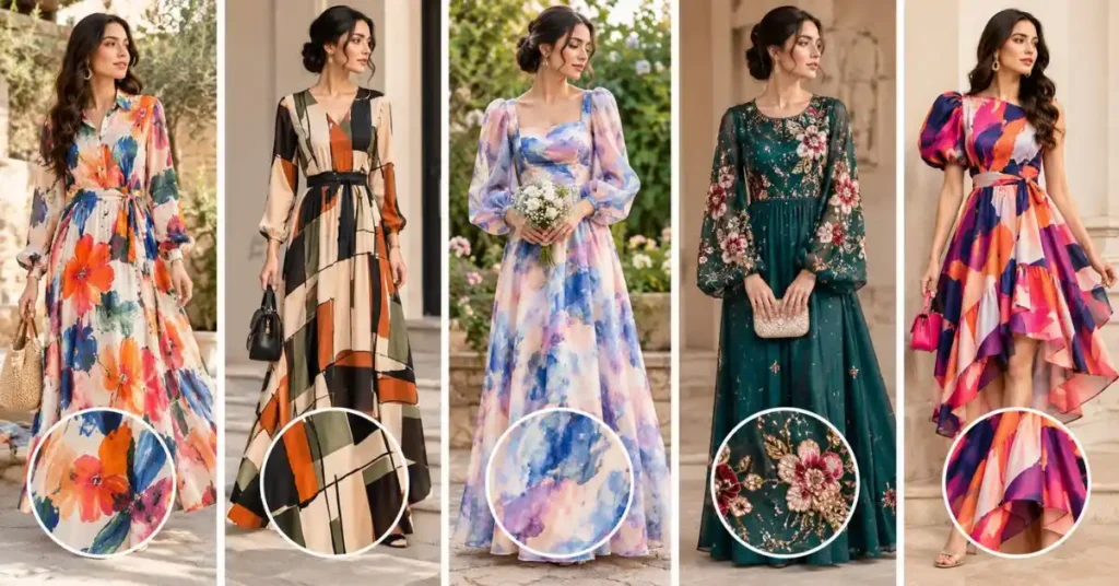 Key features of arty dresses, including artistic prints, abstract patterns, unique colors, embroidery, embellishments, and creative silhouettes.