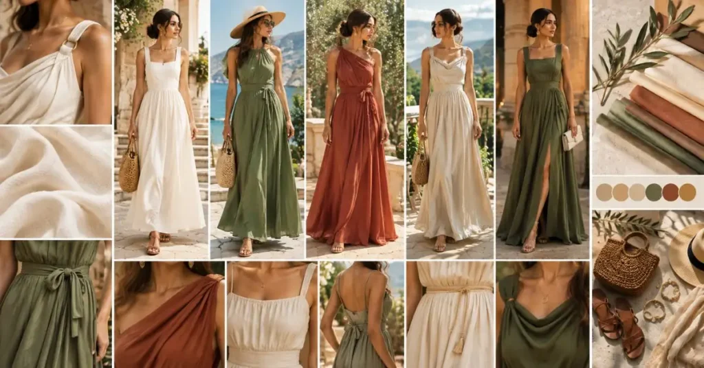 A wide, elegant collage highlighting Roman-inspired summer dresses with flowing silhouettes, lightweight fabrics, neutral and earthy tones, graceful draping, and minimal detailing, styled with soft natural lighting and Mediterranean-inspired textures and accessories.