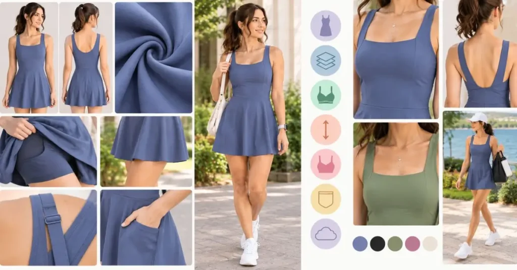 Key features of a Halara dress including comfortable fabric, supportive straps, flattering silhouette, practical pockets, built-in shorts, and adjustable fit.