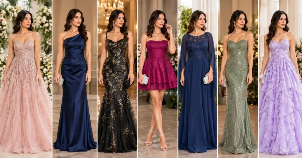 Mac Duggal dresses featuring elegant formal gowns in pink, navy, black, burgundy, sage green, and lavender styles for special occasions.