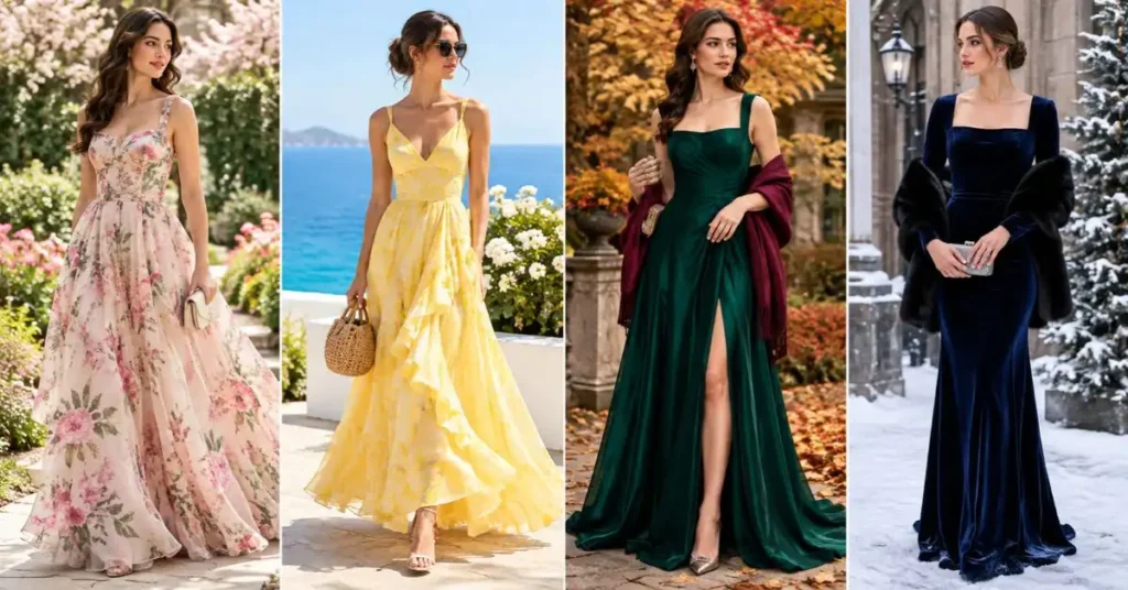 Mac Duggal dresses for different seasons, featuring elegant spring, summer, fall, and winter formal looks.