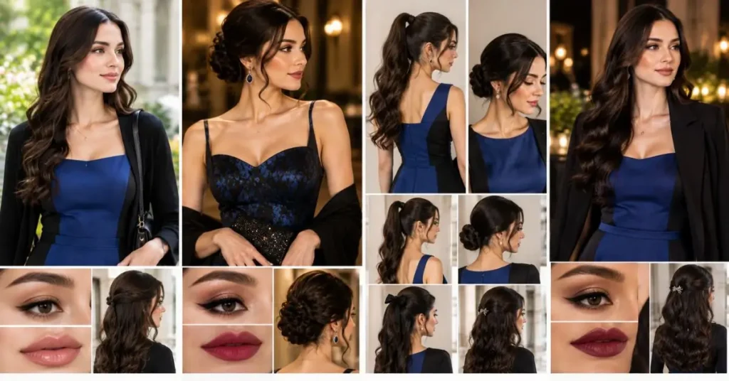 Blue and black dress styled with different makeup and hairstyle ideas, featuring natural daytime looks, glamorous evening makeup, soft waves, sleek ponytails, and elegant updos that complement various necklines and occasions