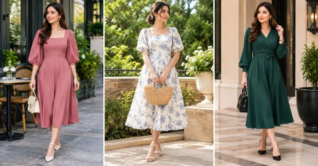 Elegant medium length dresses in pink, floral white, and deep green styles worn by women in café, garden, and luxury outdoor settings.