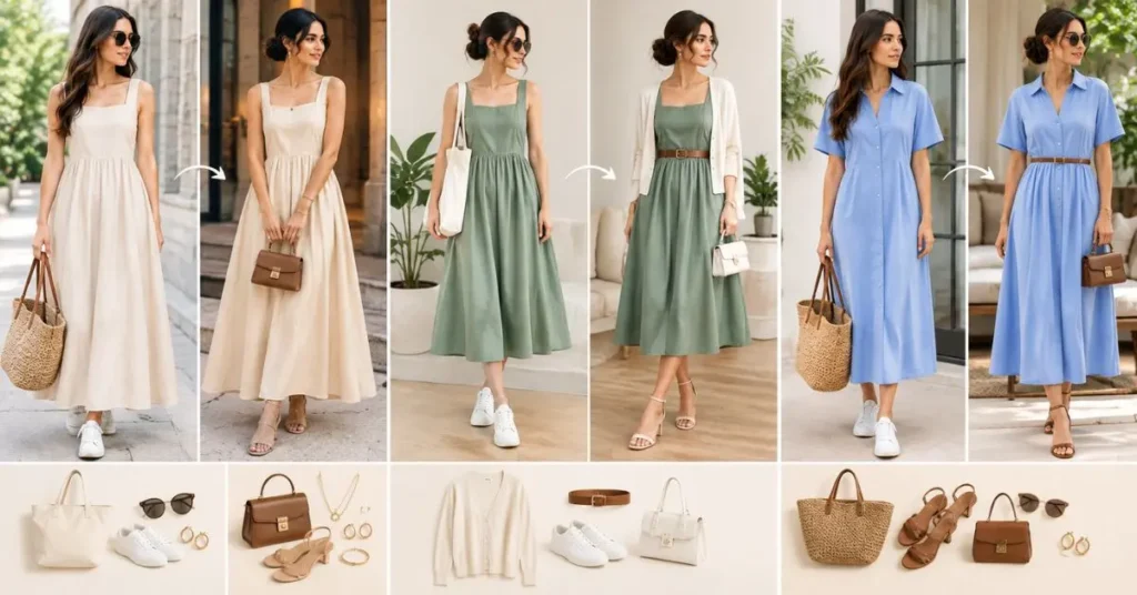 Plain summer dresses styled in versatile ways for a minimalist wardrobe, featuring neutral colors, simple accessories, sneakers, sandals, belts, and handbags.