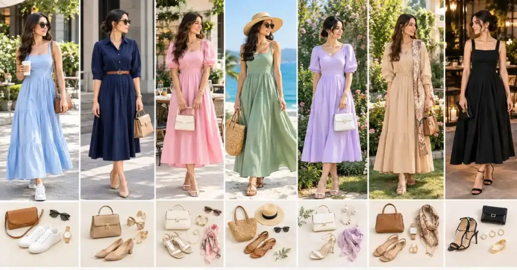Plain summer dresses for different occasions, including casual wear, office outfits, brunch, vacation, garden parties, family gatherings, and evening events.