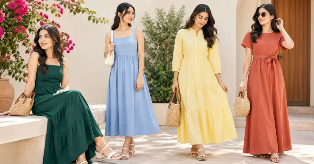 Four women wearing elegant plain summer dresses in green, blue, yellow, and rust tones in a bright outdoor courtyard.