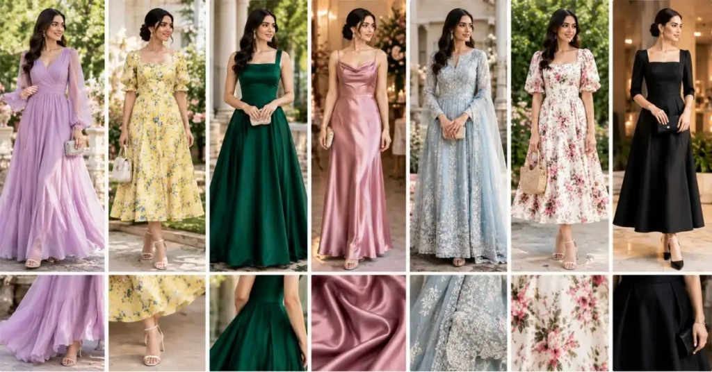 Women wearing popular celebration dress styles, including maxi, midi, A-line, satin, embroidered, floral, printed, and minimalist outfits.