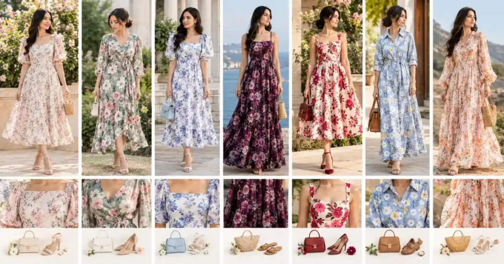 A wide editorial collage showing multiple women wearing different floral dress styles, including A-line, wrap, midi, maxi, fit-and-flare, shirt dresses, and flowy silhouettes, styled with coordinated accessories in elegant outdoor and scenic settings.