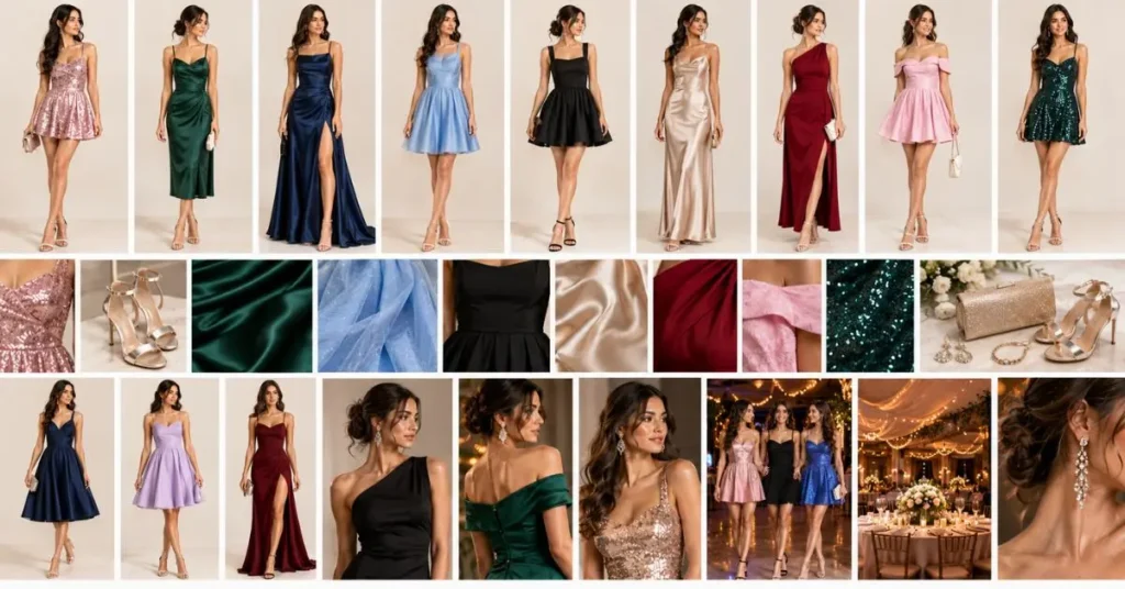 Fashion editorial collage showcasing popular hoco dress styles, including mini, midi, long, A-line, fit-and-flare, satin, one-shoulder, off-shoulder, and sparkling embellished dresses in a variety of colors and elegant evening settings.