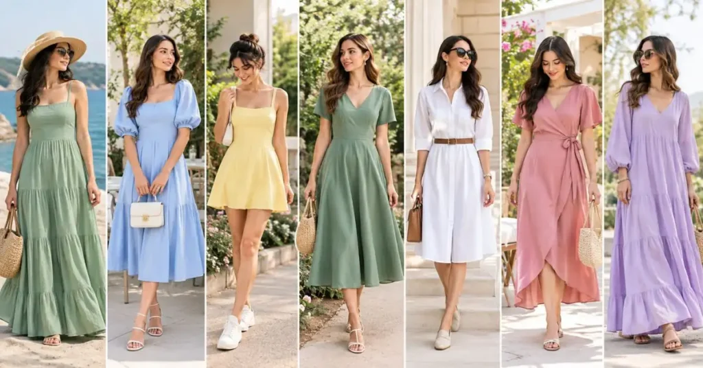 Popular styles of plain summer dresses including maxi, midi, mini, A-line, shirt, wrap, and flowy designs for women.