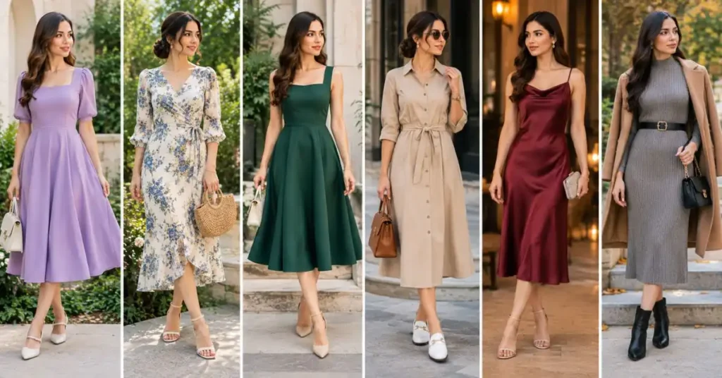 Popular medium length dress styles including A-line, wrap, fit-and-flare, shirt, satin slip, and long-sleeve knit dresses.