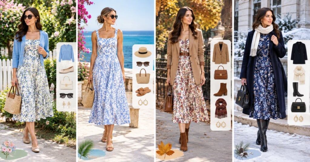 Seasonal Tuckernuck dress styling ideas for spring, summer, fall, and winter, featuring women in floral dresses paired with cardigans, sandals, blazers, ankle boots, scarves, and warm winter coats.