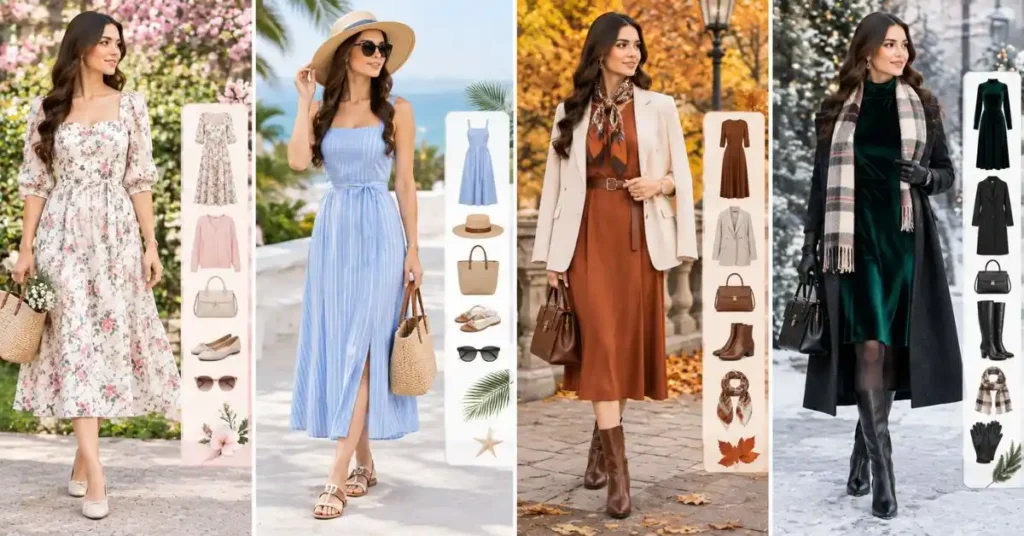 Seasonal styling ideas for classy dresses for ladies, featuring elegant spring, summer, autumn, and winter outfits with coordinated accessories.