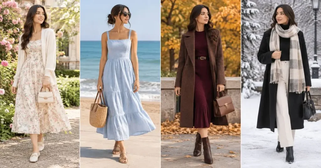 A wide, text-free collage showing four seasonal outfits: a soft floral spring look with pastel tones, a breezy summer dress by the beach in light fabric, a rich autumn outfit with a burgundy dress and coat among falling leaves, and a winter look featuring a dark coat, scarf, and boots in a snowy setting.