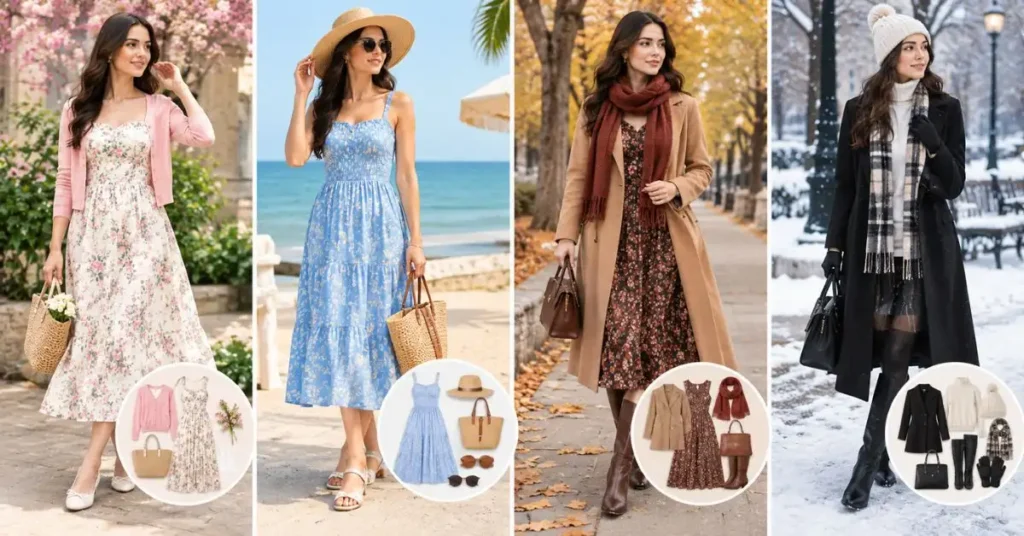 Seasonal styling on a budget, featuring affordable spring, summer, fall, and winter outfits with practical layering and accessories.