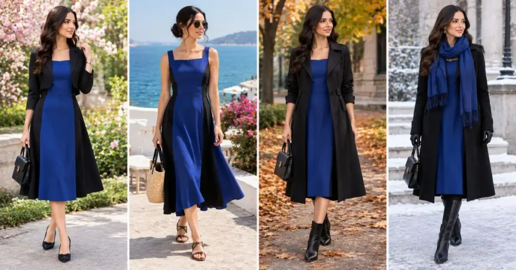 Blue and black dress styled across four seasons, featuring a spring look with a light jacket, a breezy summer outfit with sandals, an autumn layered coat with boots, and a winter ensemble with a long coat, scarf, and cold-weather accessories