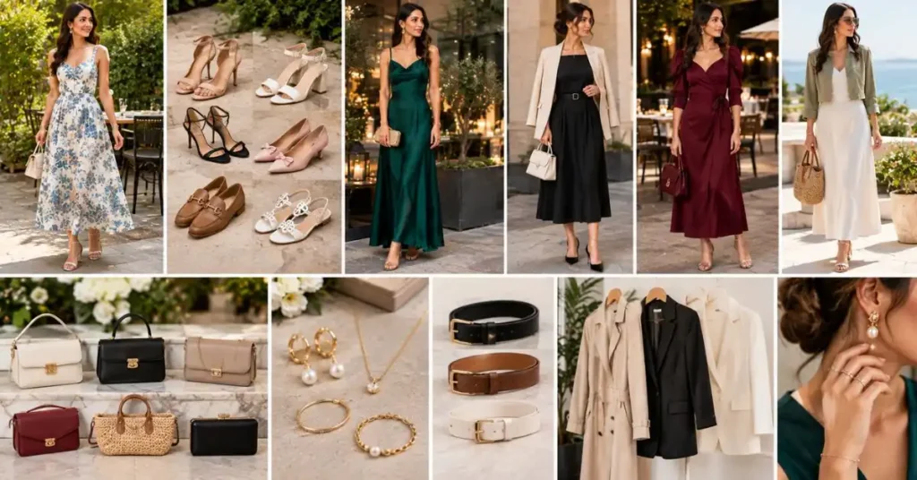 Elegant shoes and accessories for completing a sophisticated dinner look, including heels, flats, handbags, delicate jewelry, belts, jackets, and tailored blazers.