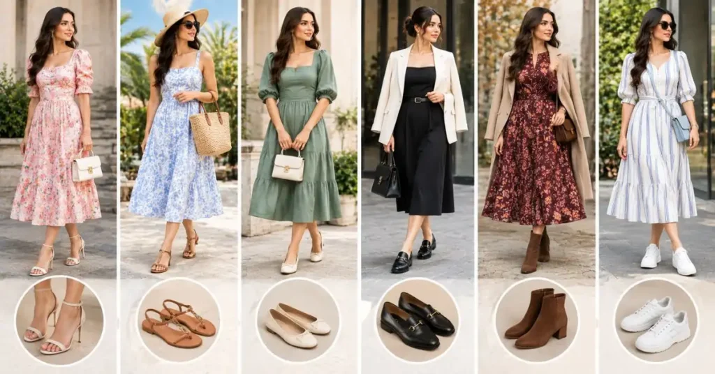 Shoes that work best with mid-length styles, including heels, sandals, ballet flats, loafers, ankle boots, and sneakers