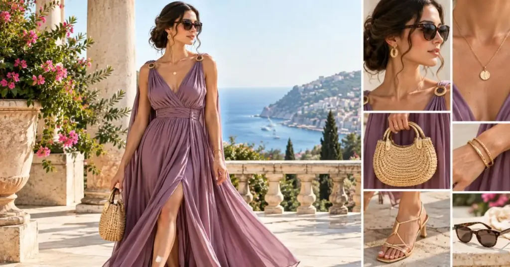 Woman wearing a flowing mauve Roman summer dress styled with gold jewelry, sunglasses, a woven handbag, and strappy sandals on a Mediterranean terrace.