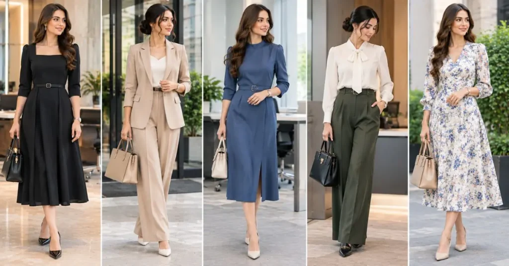 Sophisticated classy dresses for ladies suitable for work, office settings, and business events, featuring polished professional styles.