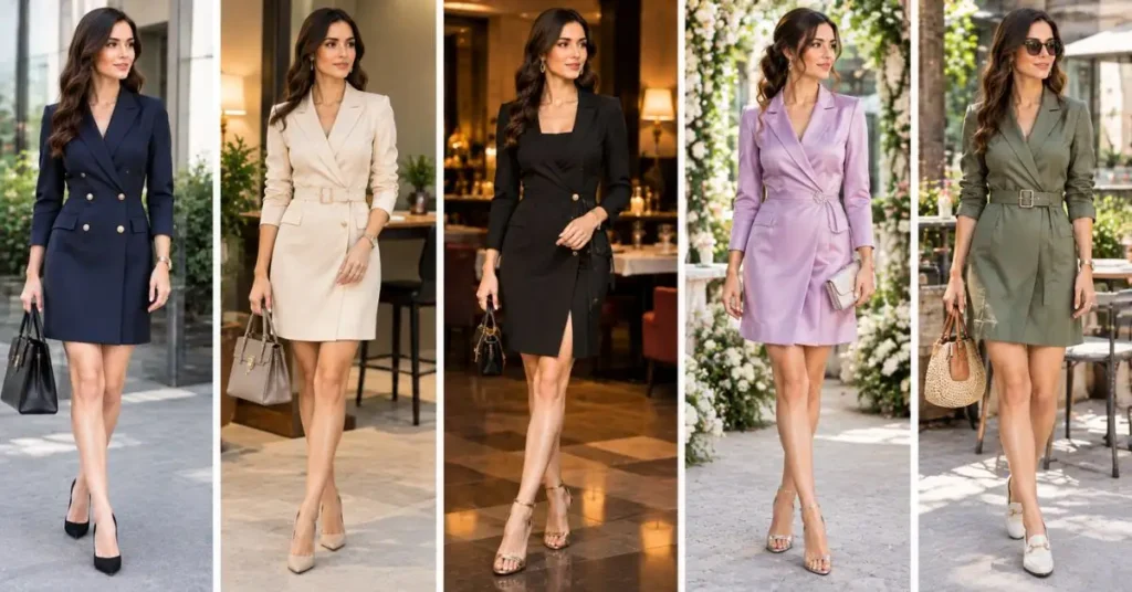 Five elegant women wearing suit dresses styled for different occasions, including office work, business meetings, dinner, weddings, and smart-casual gatherings, with coordinated handbags, heels, and accessories.