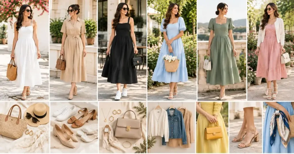 Summer fashion tips for a polished look featuring elegant dresses, neutral accessories, stylish footwear, handbags, jewelry, and lightweight layers.