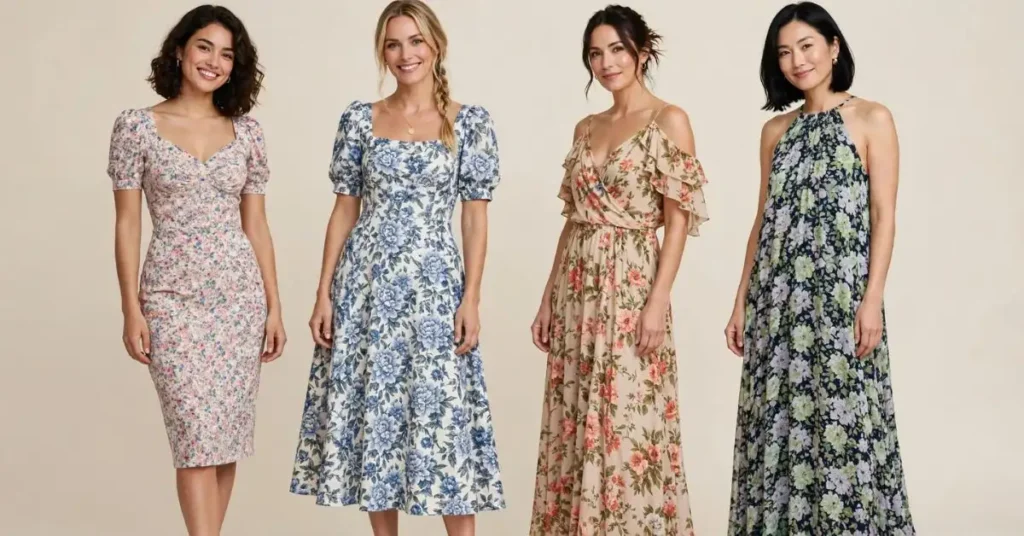 A wide editorial collage featuring women in floral dresses with different silhouettes, including fitted, flowy, midi, and maxi styles, highlighting varied necklines, sleeve lengths, and waist placements, styled in elegant indoor and outdoor settings to showcase comfort, movement, and balanced proportions.