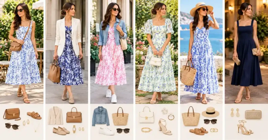 Tuckernuck dress outfit ideas for six occasions, including daytime, work, weekend, garden party, vacation, and evening looks, featuring women in stylish dresses paired with blazers, sneakers, sandals, handbags, and elegant accessories.