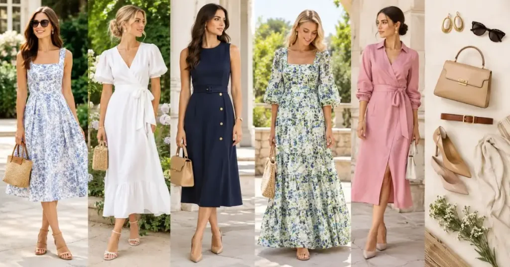 Elegant Tuckernuck dress style inspiration featuring women in floral, white, navy, and pink midi dresses with polished accessories, structured handbags, and timeless feminine fashion.