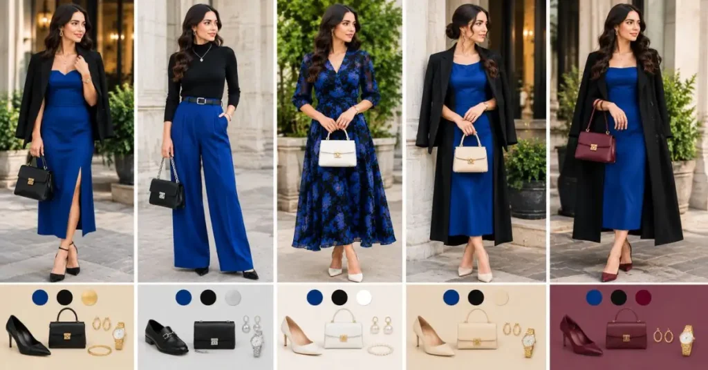 Blue and black outfit styling with gold, silver, white, cream, and burgundy accessories, including elegant dresses, handbags, shoes, and jewelry.