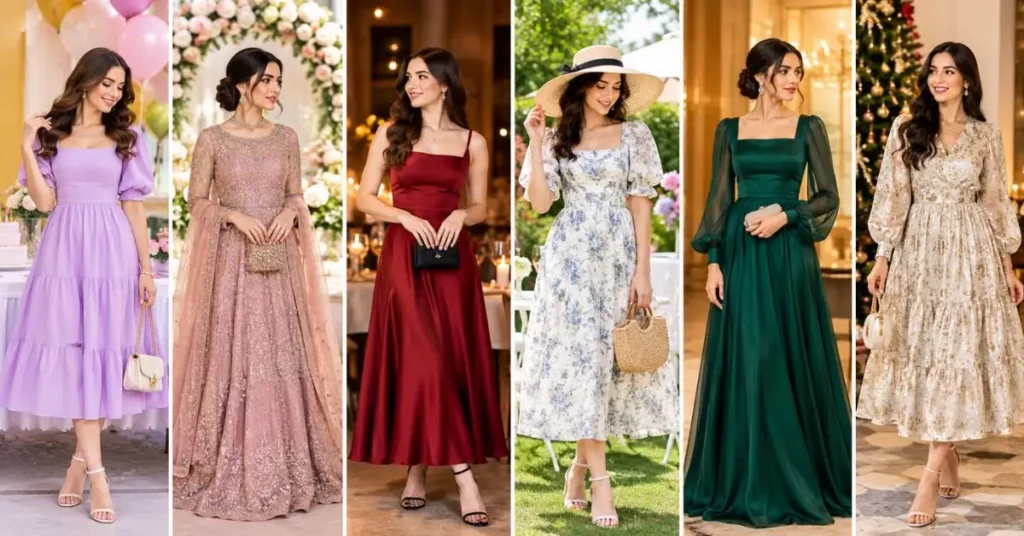 Elegant women wearing stylish celebration dresses for birthdays, weddings, formal events, garden parties, and evening celebrations.