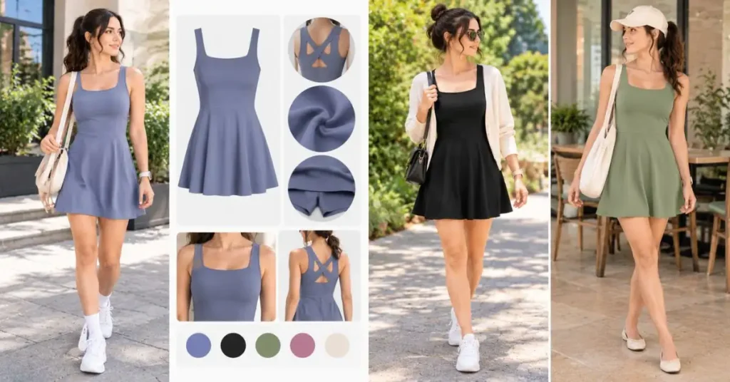 Halara dress in a sporty-casual style with comfortable fabric, built-in shorts, and versatile everyday styling options.