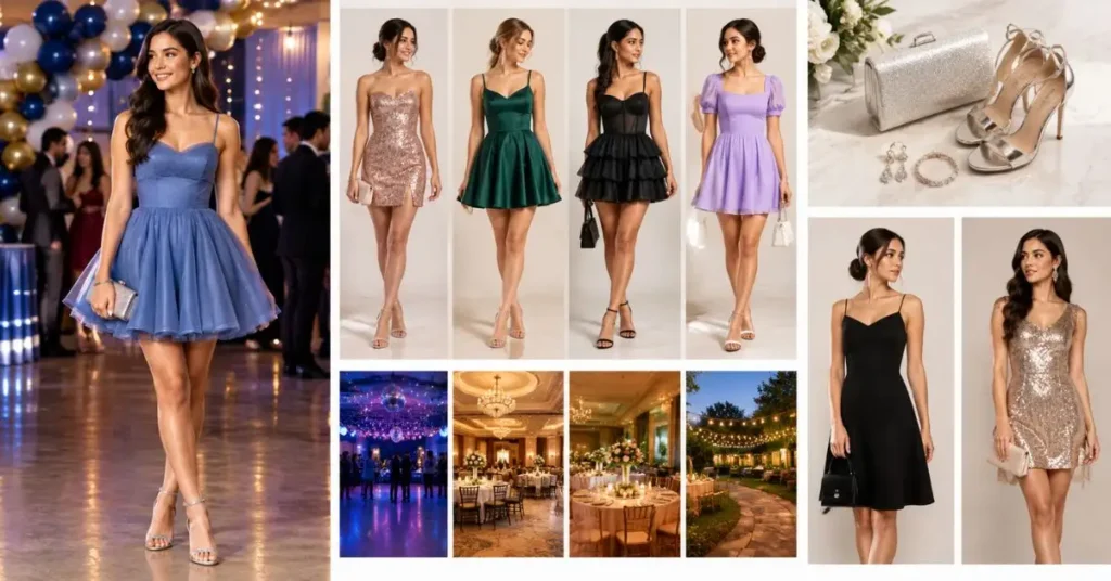 A fashion collage showing adult women in stylish homecoming dresses, including short cocktail dresses in blue, rose gold, emerald, black, and lavender, with elegant accessories and different formal event settings.