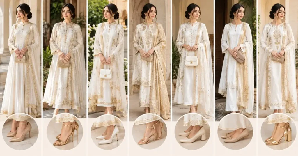 Gold and white outfits styled with nude, gold, white, cream, and neutral shoes for elegant occasions.