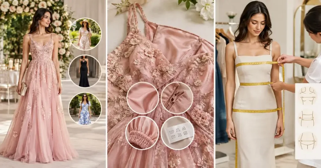 Mac Duggal dresses buying guide showing fabric details, dress construction, and accurate body measurements for choosing the right fit.