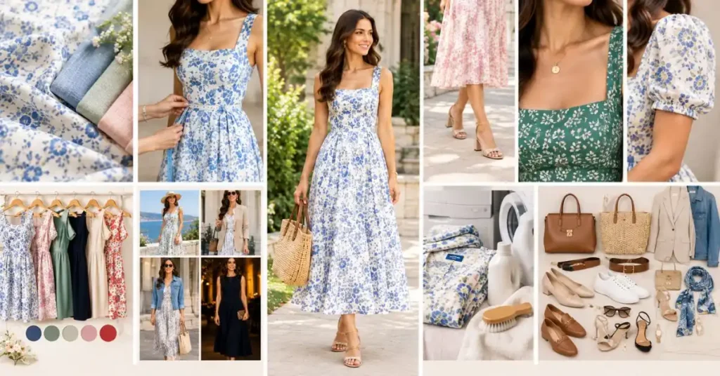 Tuckernuck dress selection guide featuring fabric, fit, length, neckline, sleeves, colors, and versatile styling accessories.