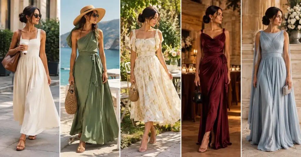 A wide, elegant collage showcasing women wearing Roman-inspired summer dresses across different settings, including a casual city outing, seaside vacation, garden brunch, evening dinner, and a formal event, styled with flowing silhouettes, soft draping, and minimal accessories.